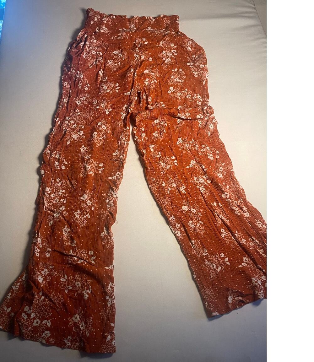 Three Dots Rust Floral Ditsy Dot Smocked High Waist Wide Leg Palazzo Pants M